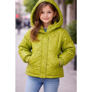 Cat & Jack Girls Green Puffer Jacket XS Hooded Warmest Snap Front Coat Ret.$40